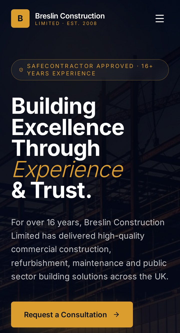 Breslin Construction website on mobile