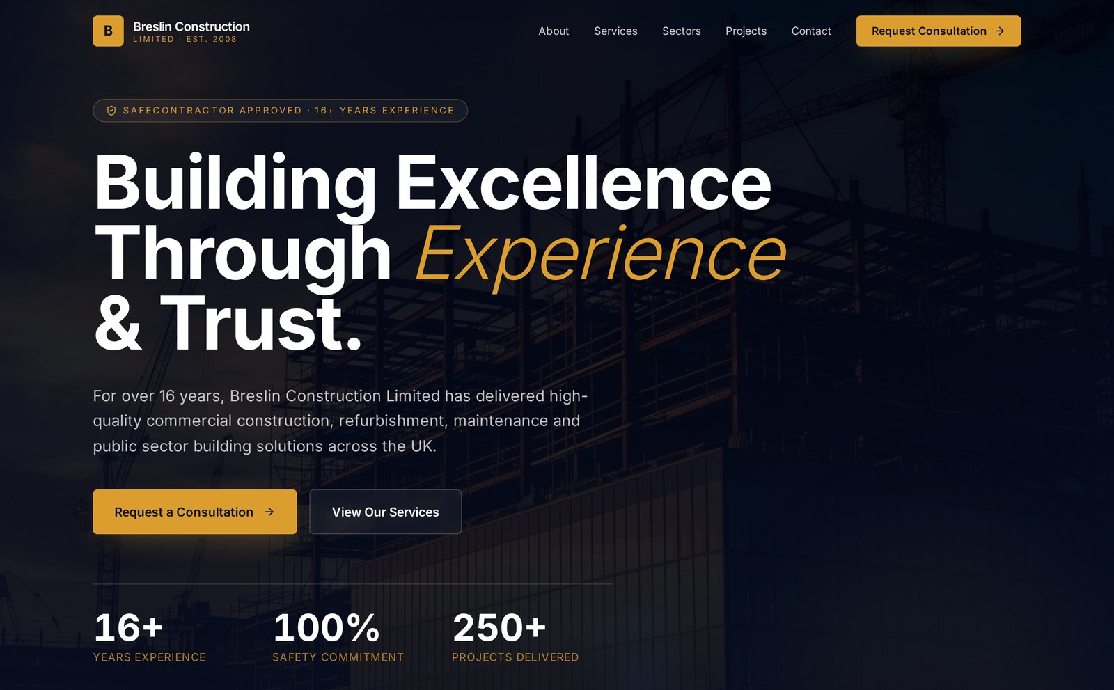 Breslin Construction website homepage on desktop